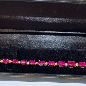 Natural Oval Ruby & Diamond Tennis Bracelet 14K Yellow Gold